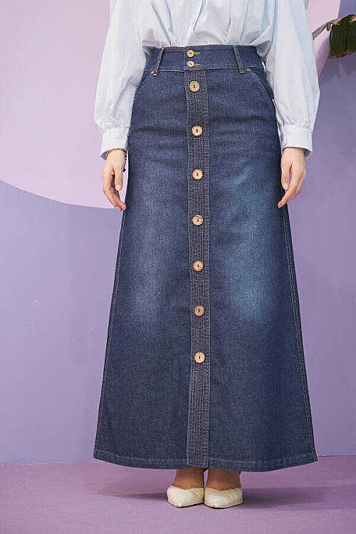 2287-Denim Dikişli Etek Koyu Mavi - 3