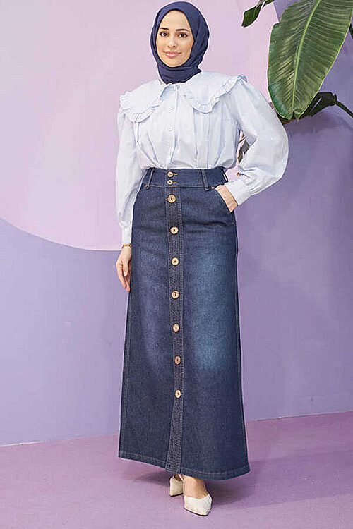 2287-Denim Dikişli Etek Koyu Mavi - 2
