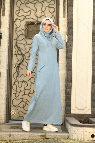 Neways - 6034-Denim Kapşonlu Elbise Açık Mavi