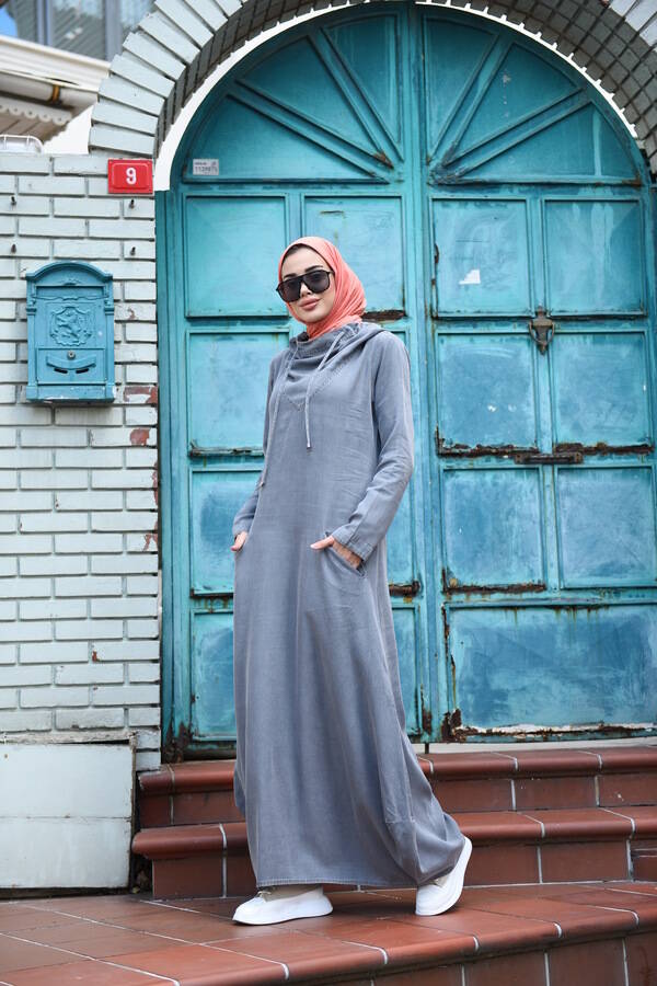 6034-Denim Kapşonlu elbise Gri