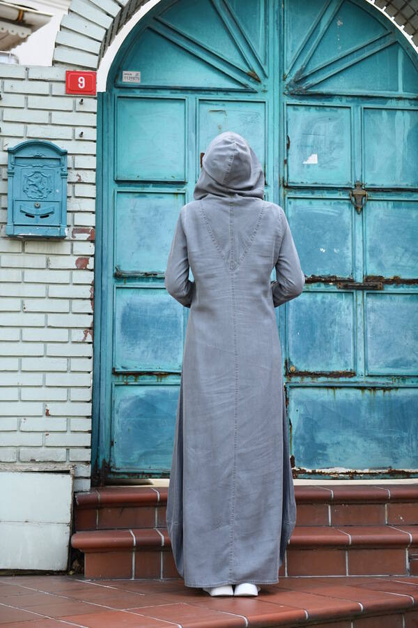 6034-Denim Kapşonlu elbise Gri