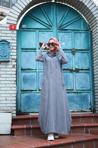 Neways - 6034-Denim Kapşonlu elbise Gri