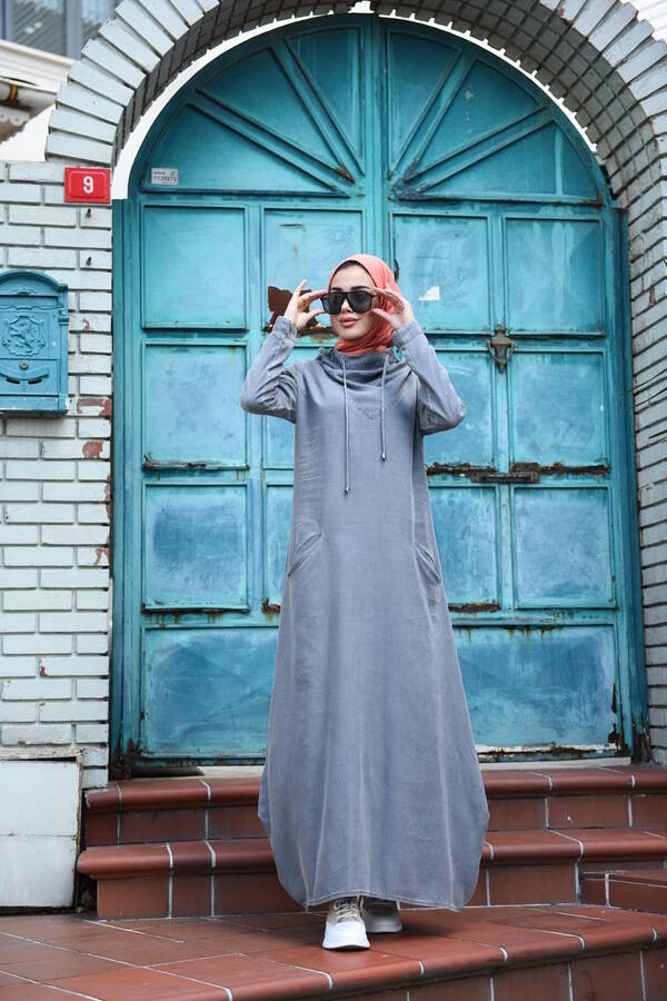 6034-Denim Kapşonlu elbise Gri