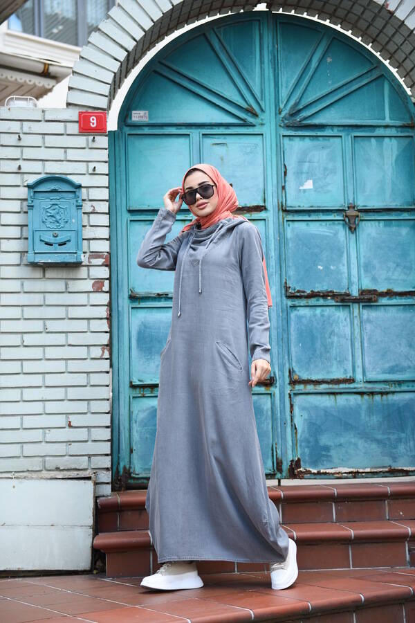 6034-Denim Kapşonlu elbise Gri