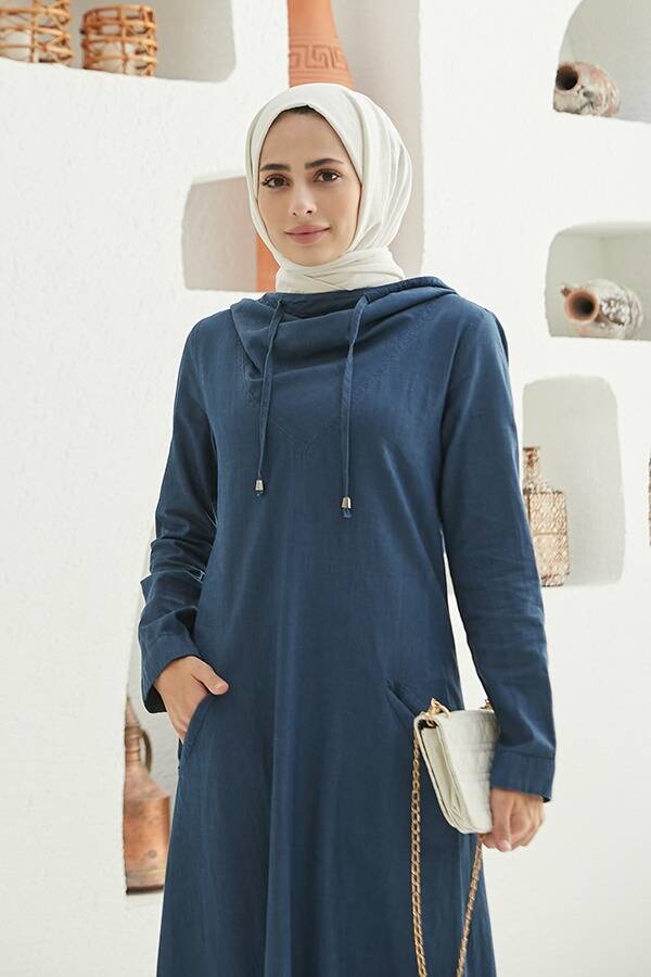 6034-Denim Kapşonlu Elbise Koyu Mavi