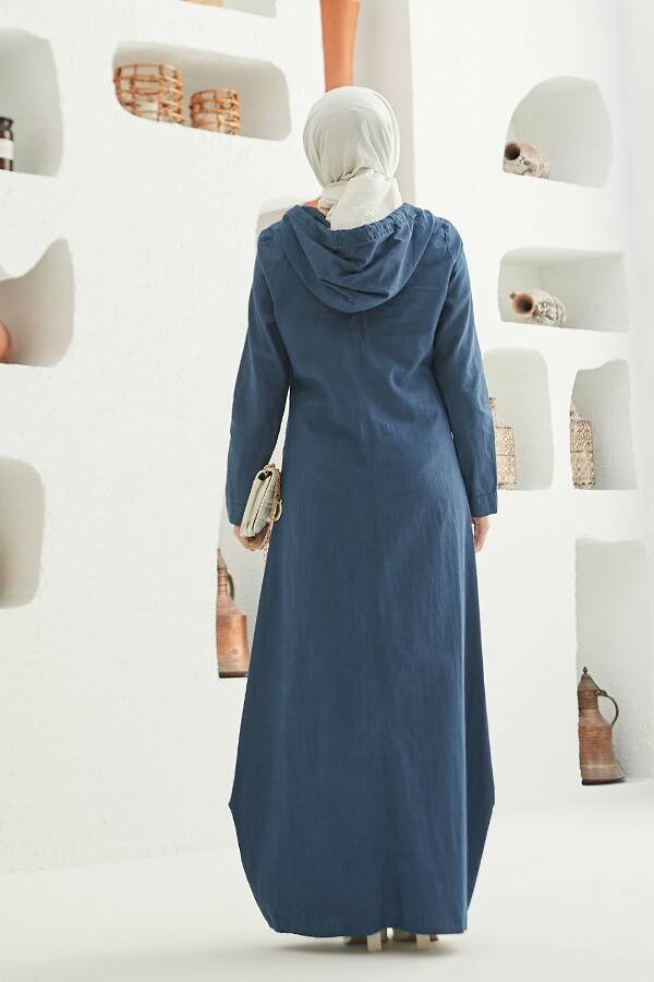 6034-Denim Kapşonlu Elbise Koyu Mavi