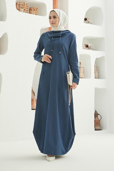 Neways - 6034-Denim Kapşonlu Elbise Koyu Mavi