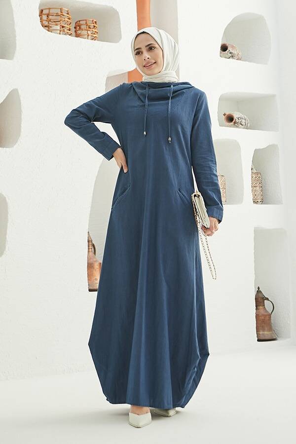 6034-Denim Kapşonlu Elbise Koyu Mavi