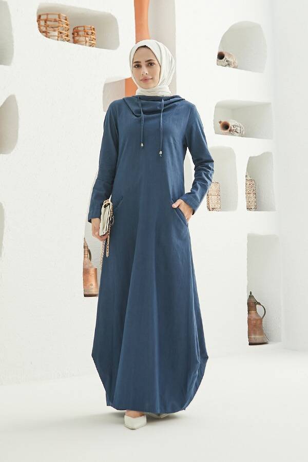 6034-Denim Kapşonlu Elbise Koyu Mavi