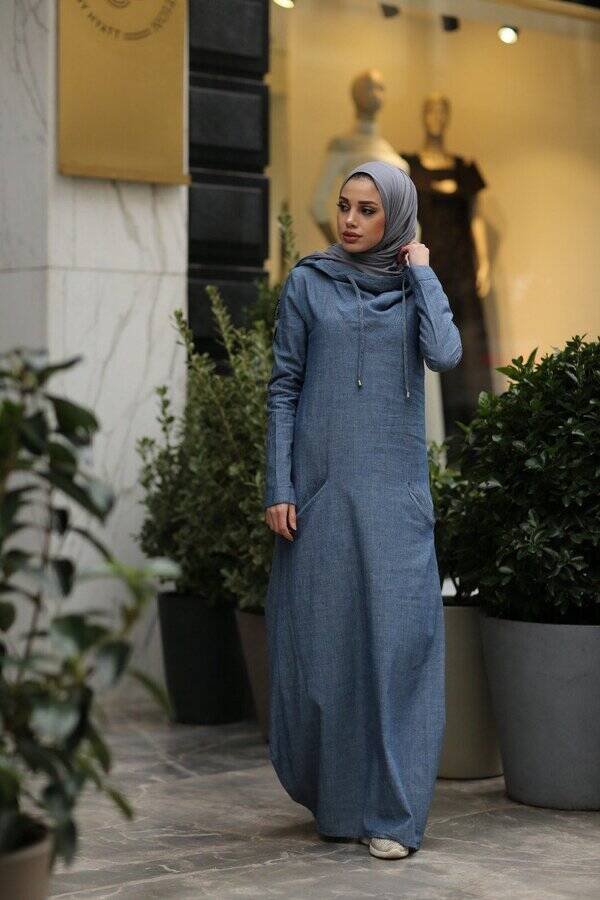 6034-Denim Kapşonlu elbise Koyu Mavi