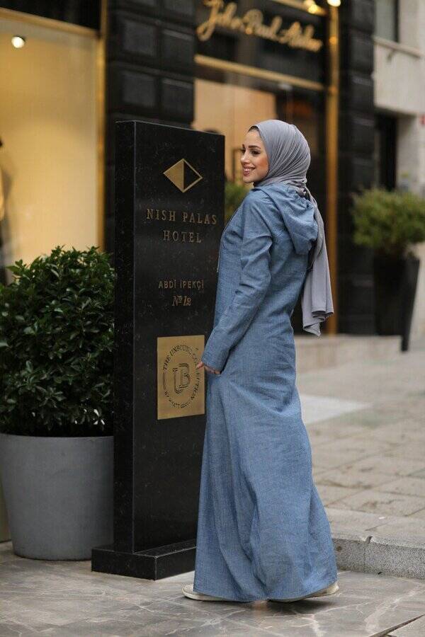 6034-Denim Kapşonlu elbise Koyu Mavi