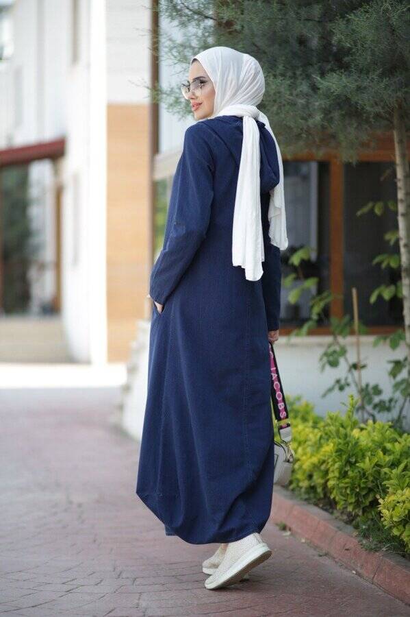 6034-Denim Kapşonlu elbise Lacivert