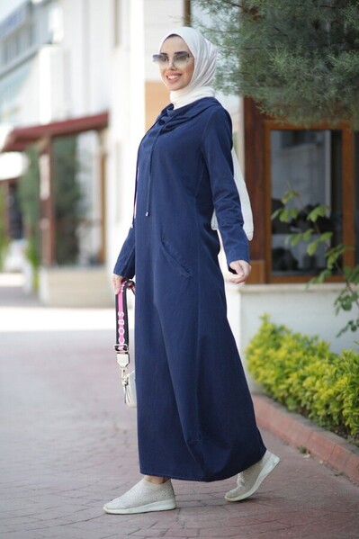 Neways - 6034-Denim Kapşonlu elbise Lacivert