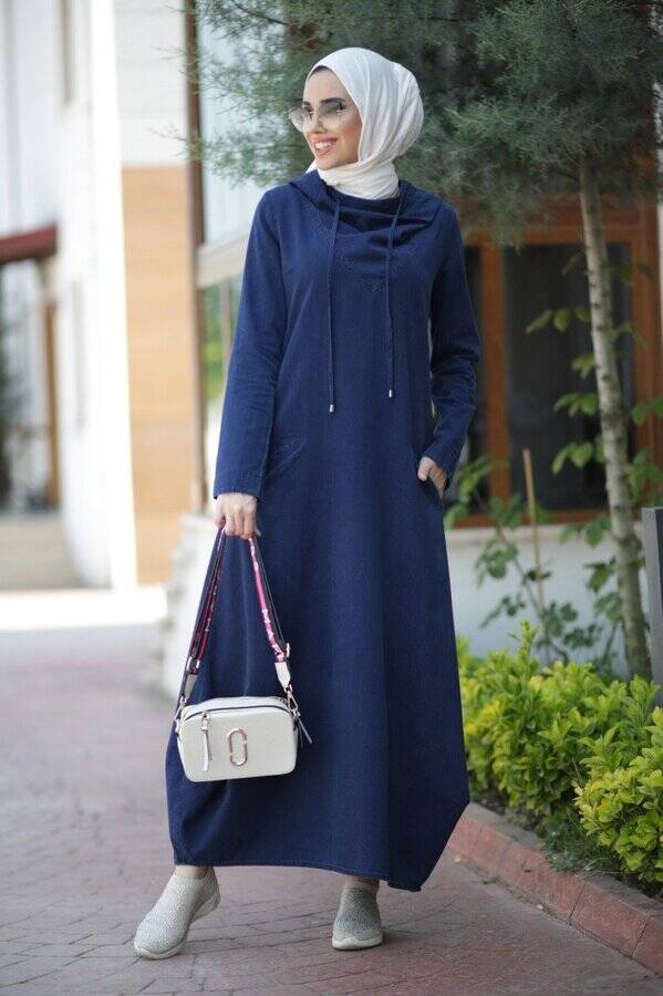 6034-Denim Kapşonlu elbise Lacivert