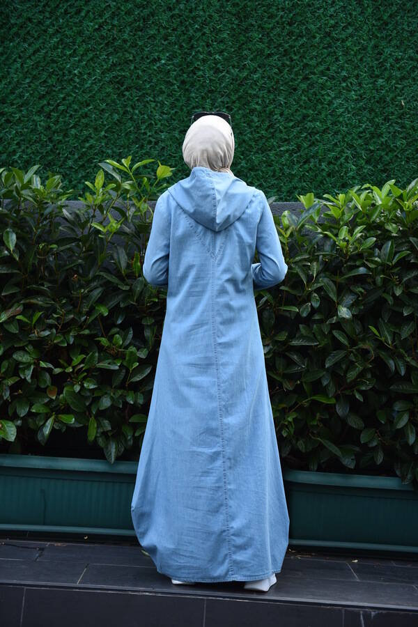 6034-Denim Kapşonlu elbise Mavi