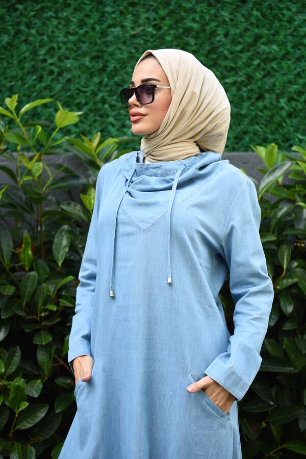6034-Denim Kapşonlu elbise Mavi