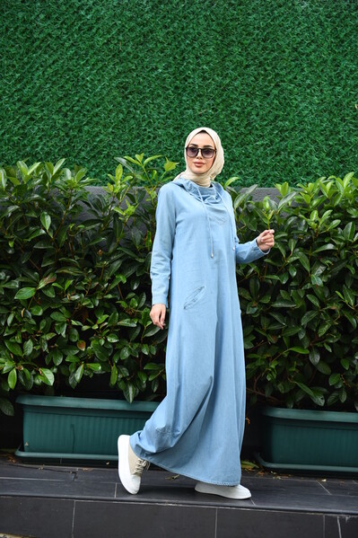 Neways - 6034-Denim Kapşonlu elbise Mavi
