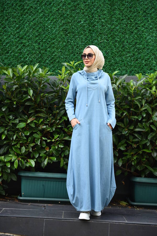 6034-Denim Kapşonlu elbise Mavi