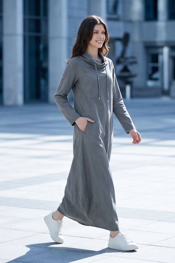 6034-Denim Kapşonlu Elbise Gri