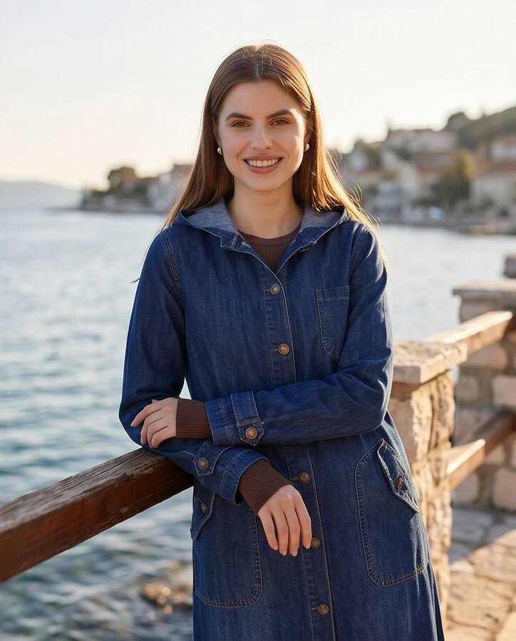 6329-Battal Denim Kapşonlu kap Koyu Mavi