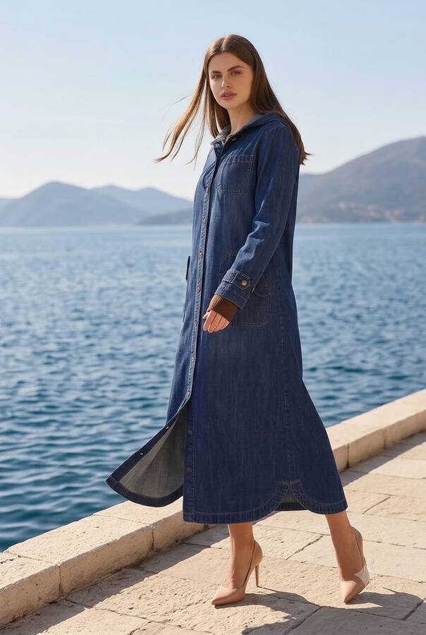 6329-Battal Denim Kapşonlu kap Koyu Mavi