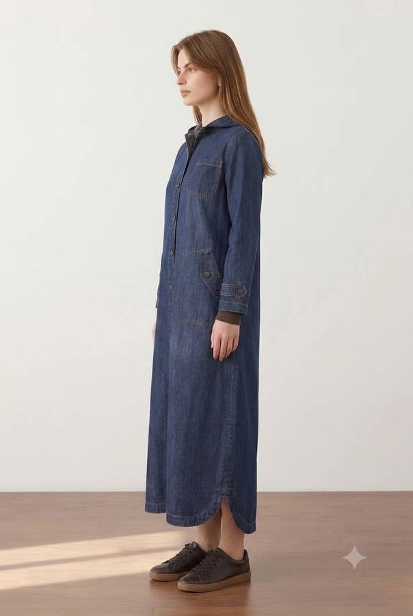 6329-Battal Denim Kapşonlu kap Koyu Mavi