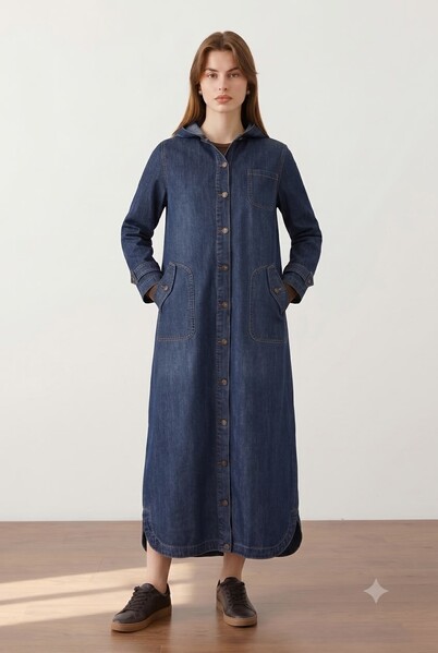 Neways - 6329-Battal Denim Kapşonlu kap Koyu Mavi