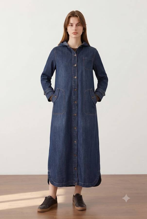 6329-Battal Denim Kapşonlu kap Koyu Mavi