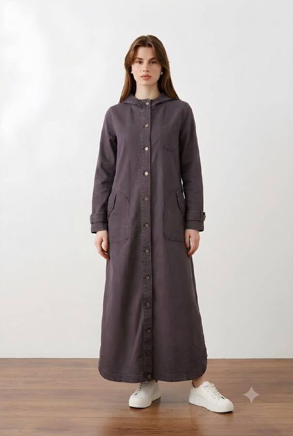 6329-Denim Kapşonlu kap Bordo