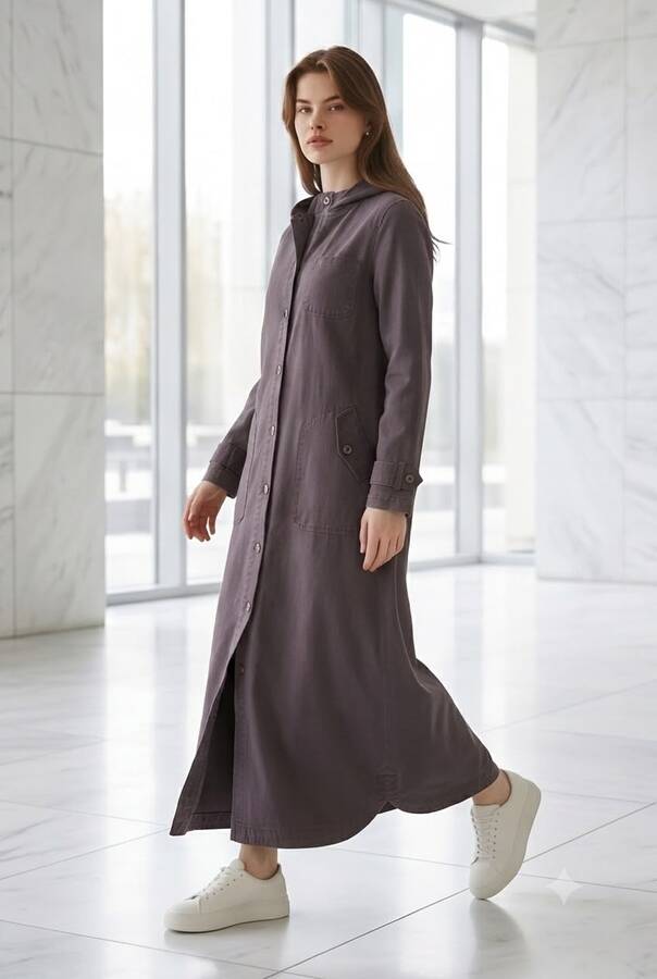 6329-Denim Kapşonlu kap Bordo