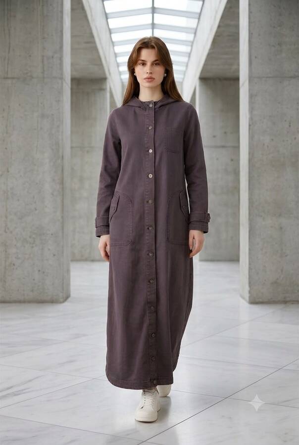 6329-Denim Kapşonlu kap Bordo