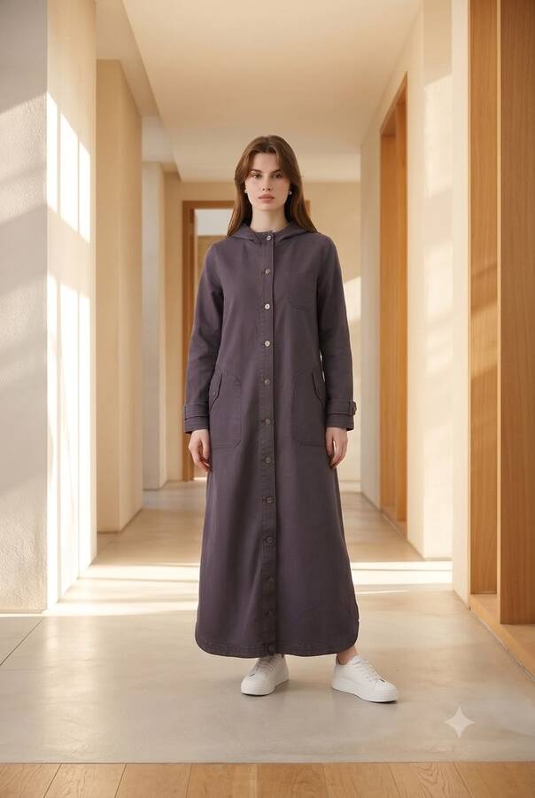6329-Denim Kapşonlu kap Bordo