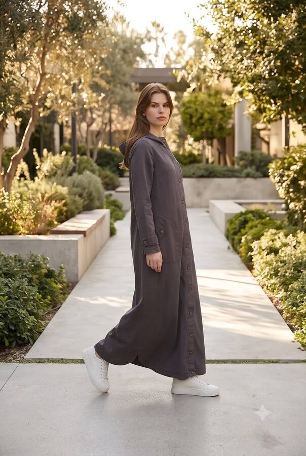 6329-Denim Kapşonlu kap Bordo