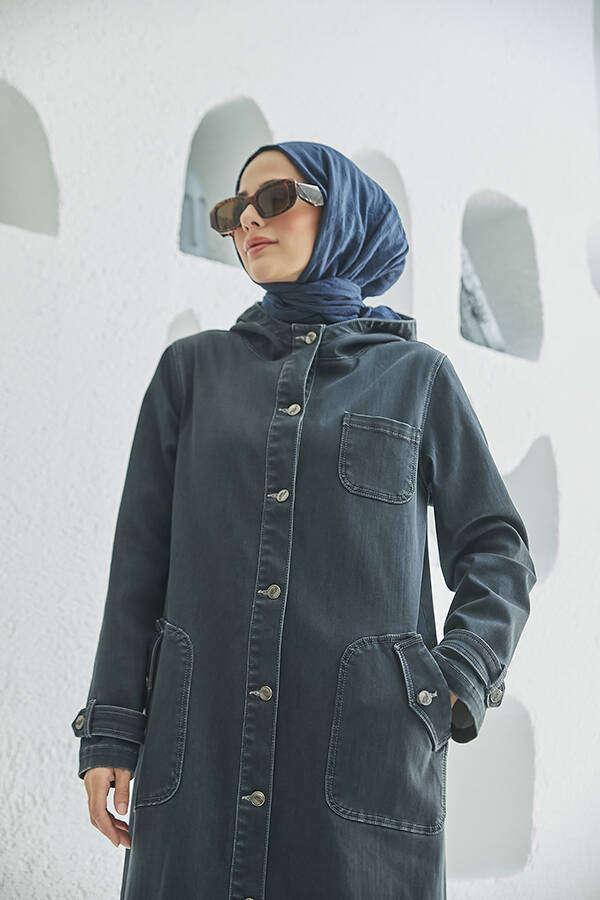 6329-Denim Kapşonlu kap Koyu Gri