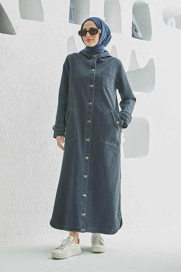 6329-Denim Kapşonlu kap Koyu Gri