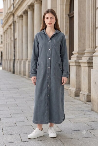 Neways - 6329-Denim Kapşonlu kap Koyu Gri