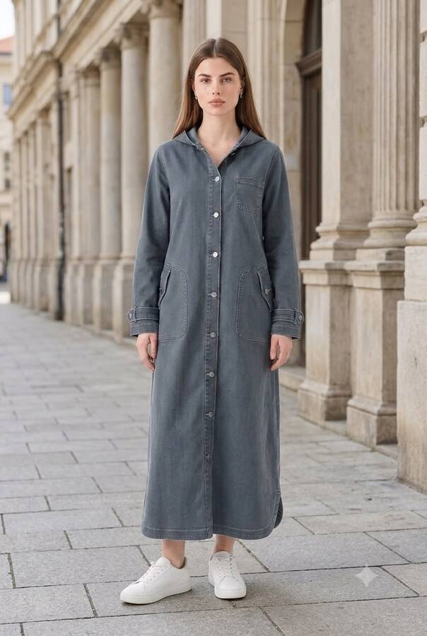 6329-Denim Kapşonlu kap Koyu Gri