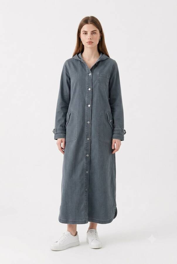 6329-Denim Kapşonlu kap Koyu Gri