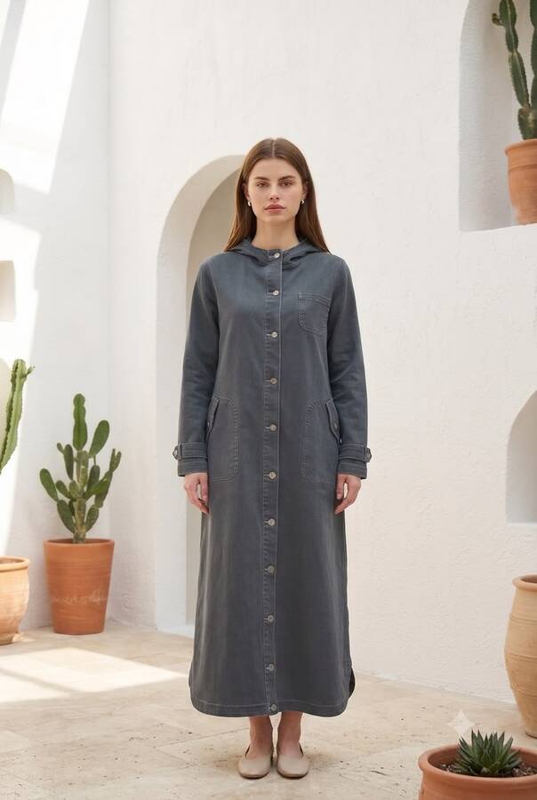 6329-Denim Kapşonlu kap Koyu Gri