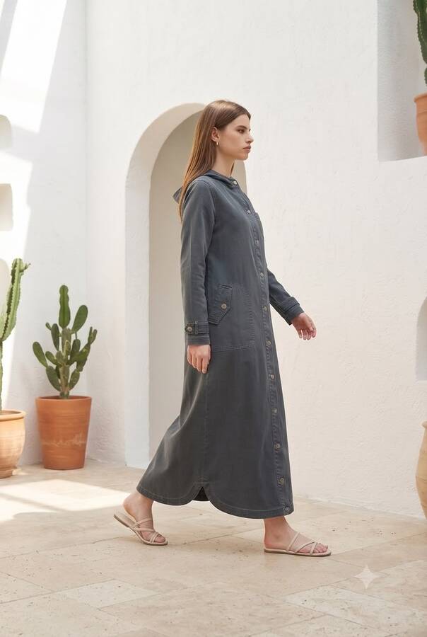 6329-Denim Kapşonlu kap Koyu Gri
