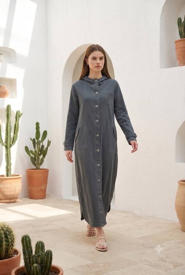 6329-Denim Kapşonlu kap Koyu Gri