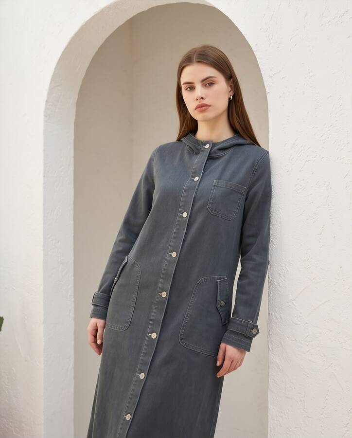 6329-Denim Kapşonlu kap Koyu Gri