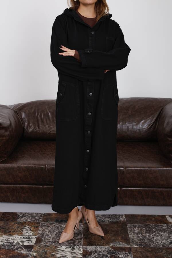 6329-Denim Kapşonlu kap Siyah