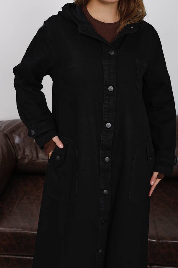 6329-Denim Kapşonlu kap Siyah