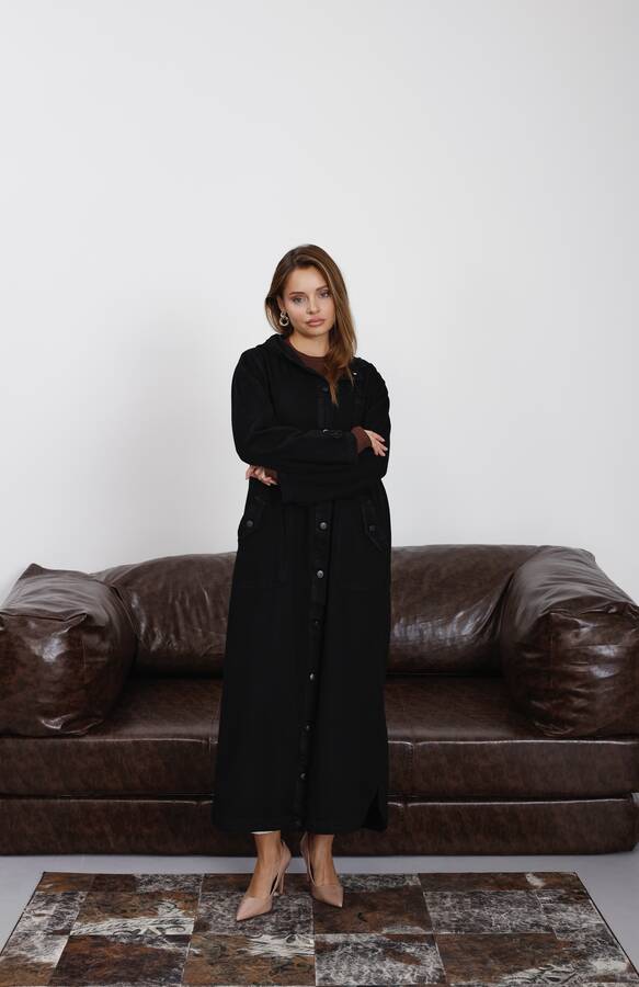 6329-Denim Kapşonlu kap Siyah