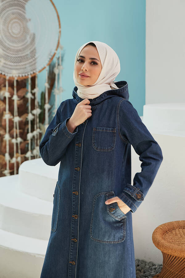 6329-Denim Kapşonlu kap Koyu Mavi