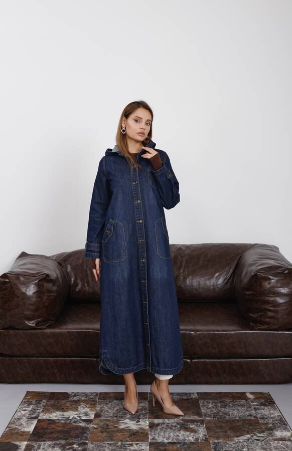 6329-Denim Kapşonlu kap Koyu Mavi
