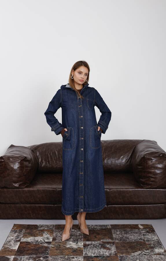 6329-Denim Kapşonlu kap Koyu Mavi