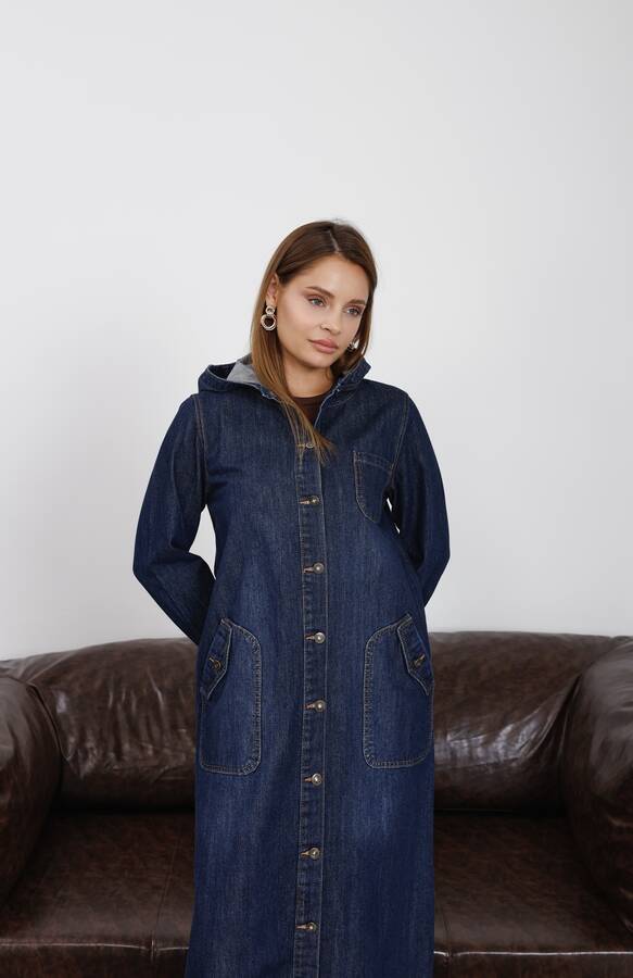 6329-Denim Kapşonlu kap Koyu Mavi