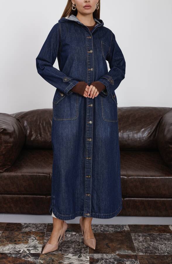 6329-Denim Kapşonlu kap Koyu Mavi